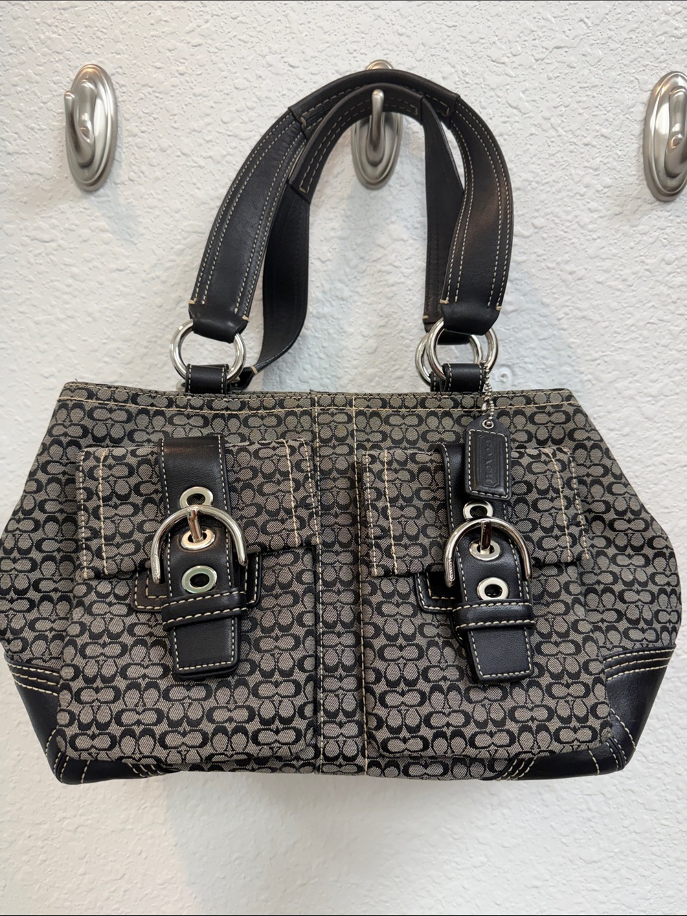 Coach Gray and Black Signature Canvas Shoulder Bag with Buckle Pockets